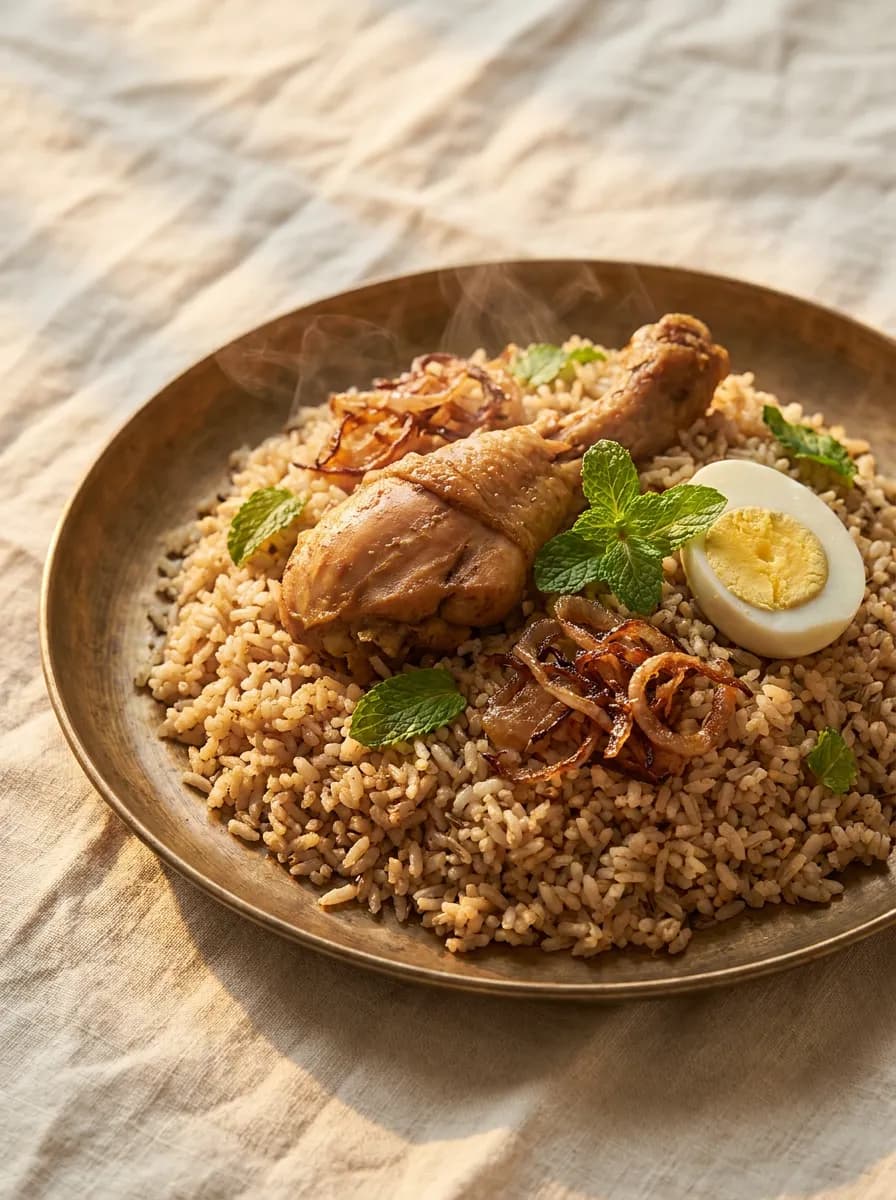 Chicken dum biryani served on a brass plate