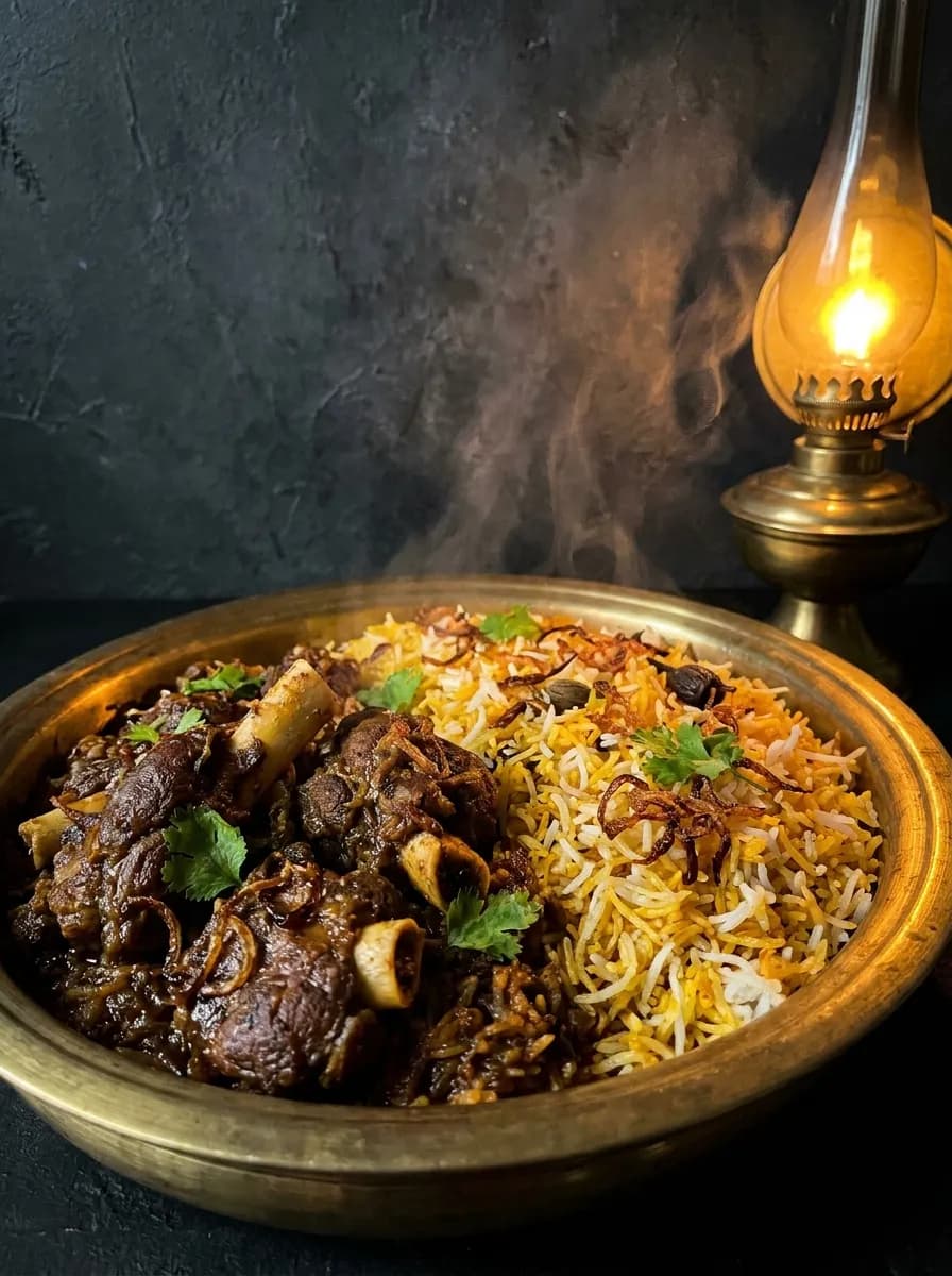 Mutton dum biryani with saffron rice on brass
