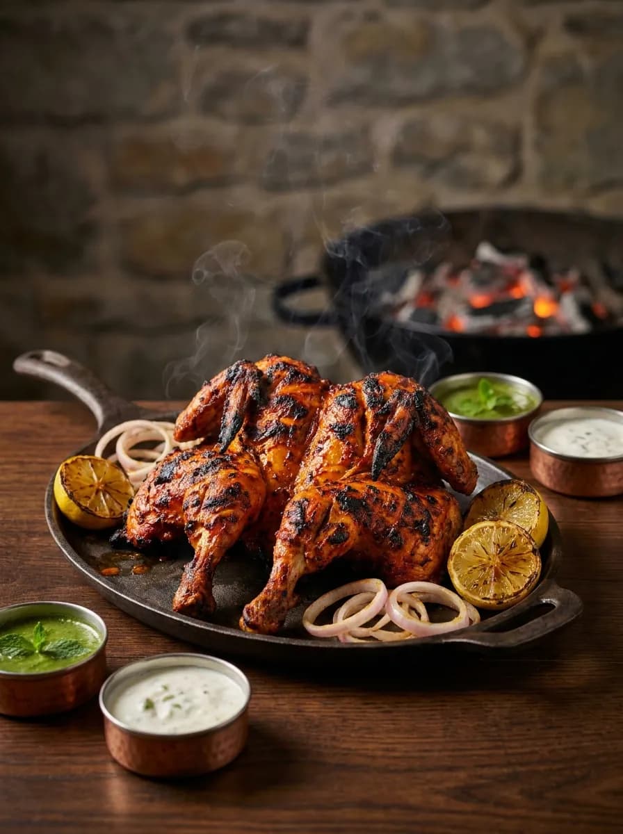 Char-grilled tandoori chicken fresh off the charcoal grill