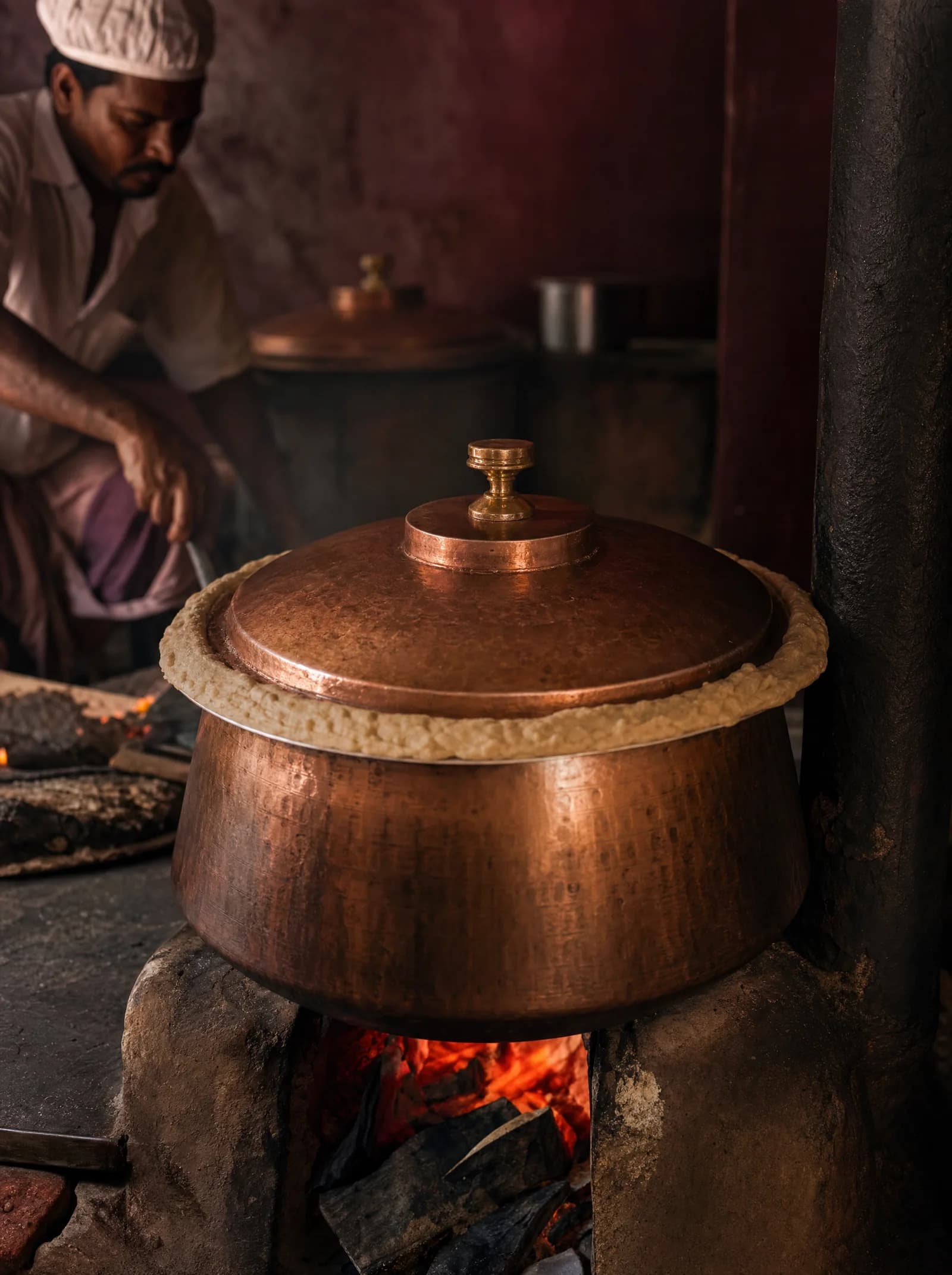 A copper biryani handi sealed with dough over a low charcoal flame
