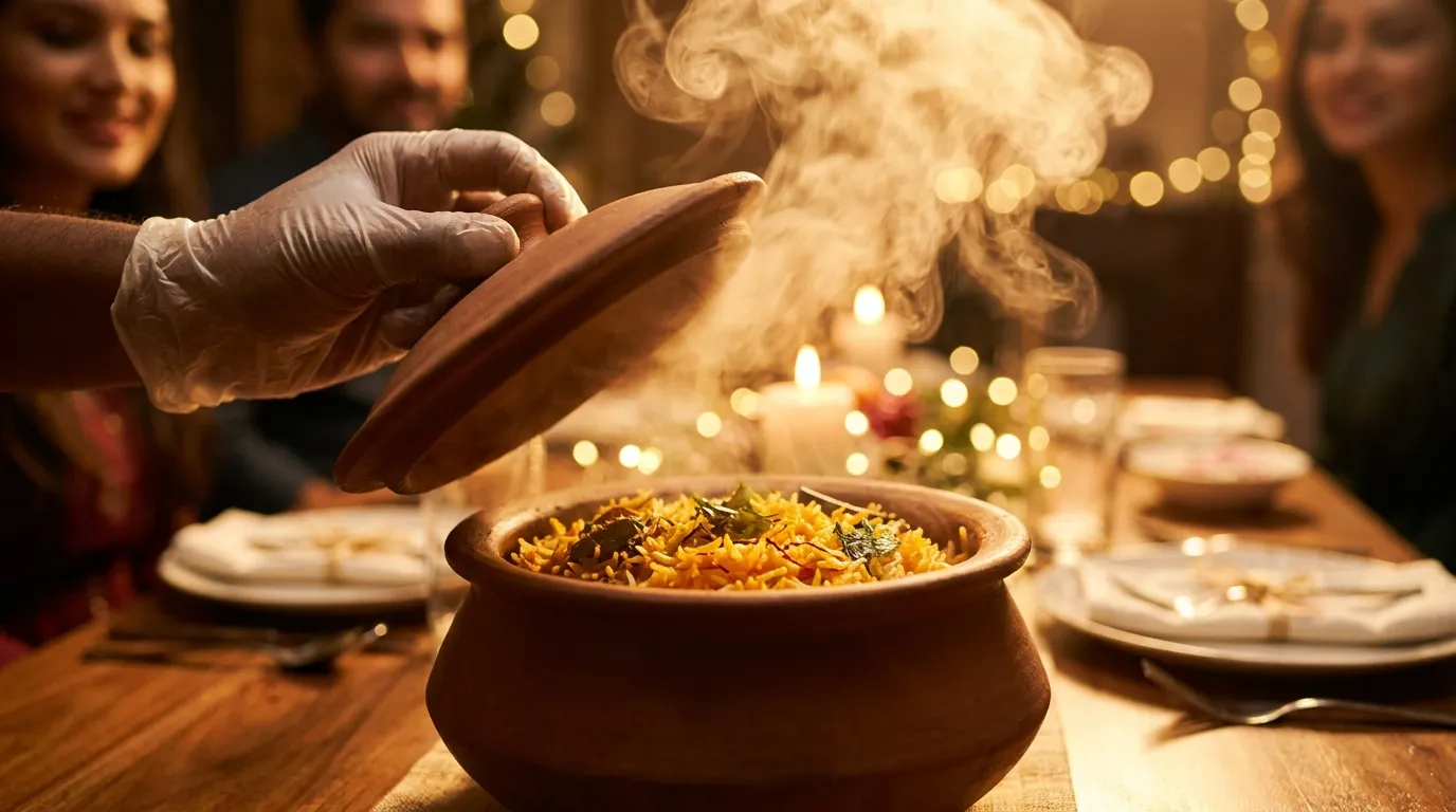 Steam rising as a traditional biryani handi is opened
