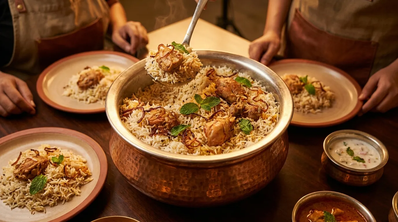 Traditional biryani being served from a large brass handi, steam rising
