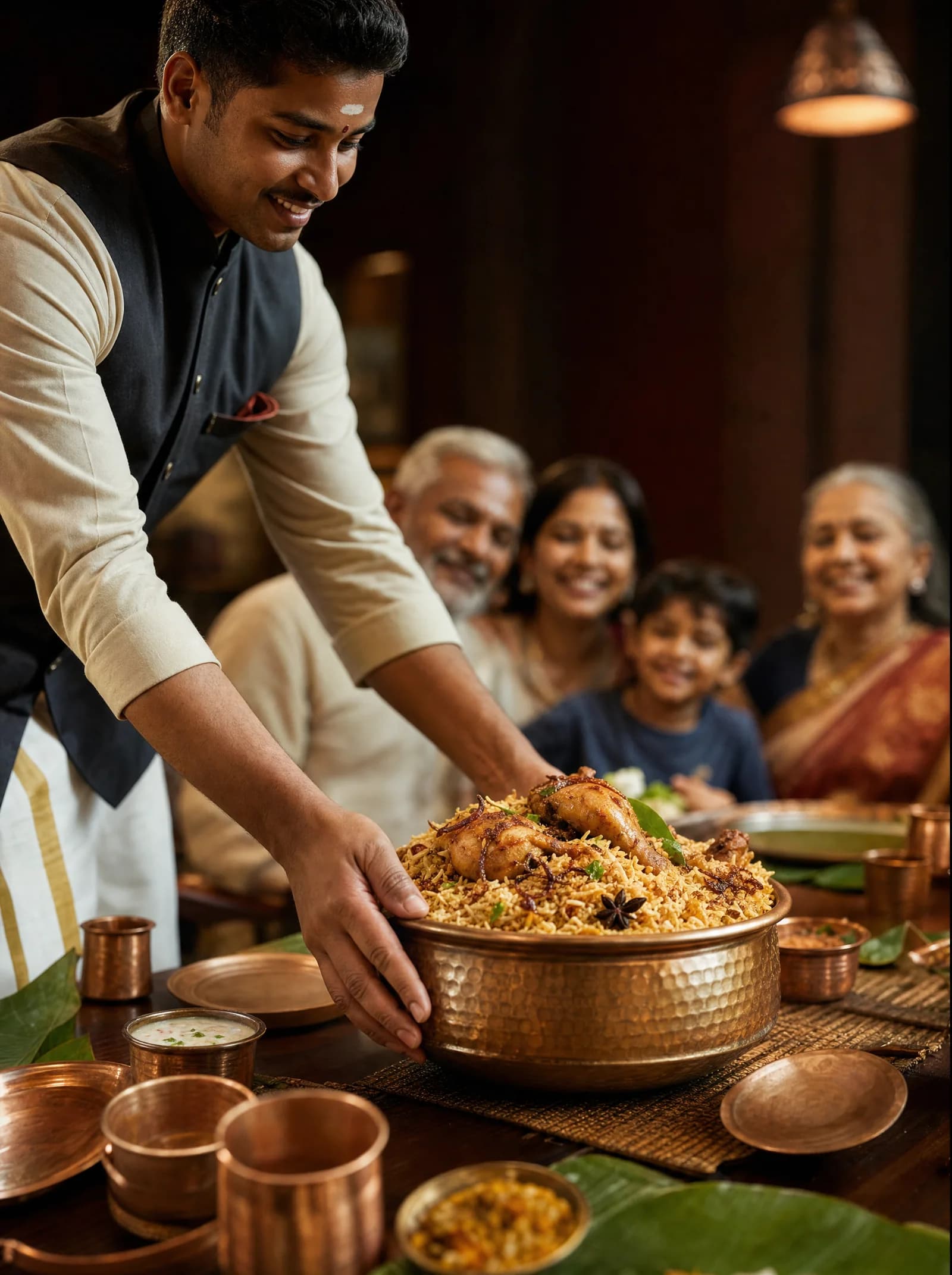A server placing a brass handi of biryani at a family table