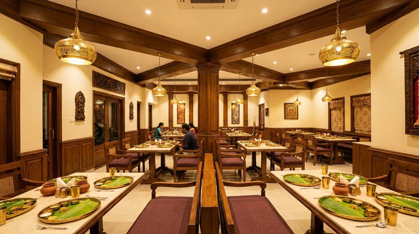 Warm dining hall of the Zeeya Sulthans Aruppukkottai branch in the evening
