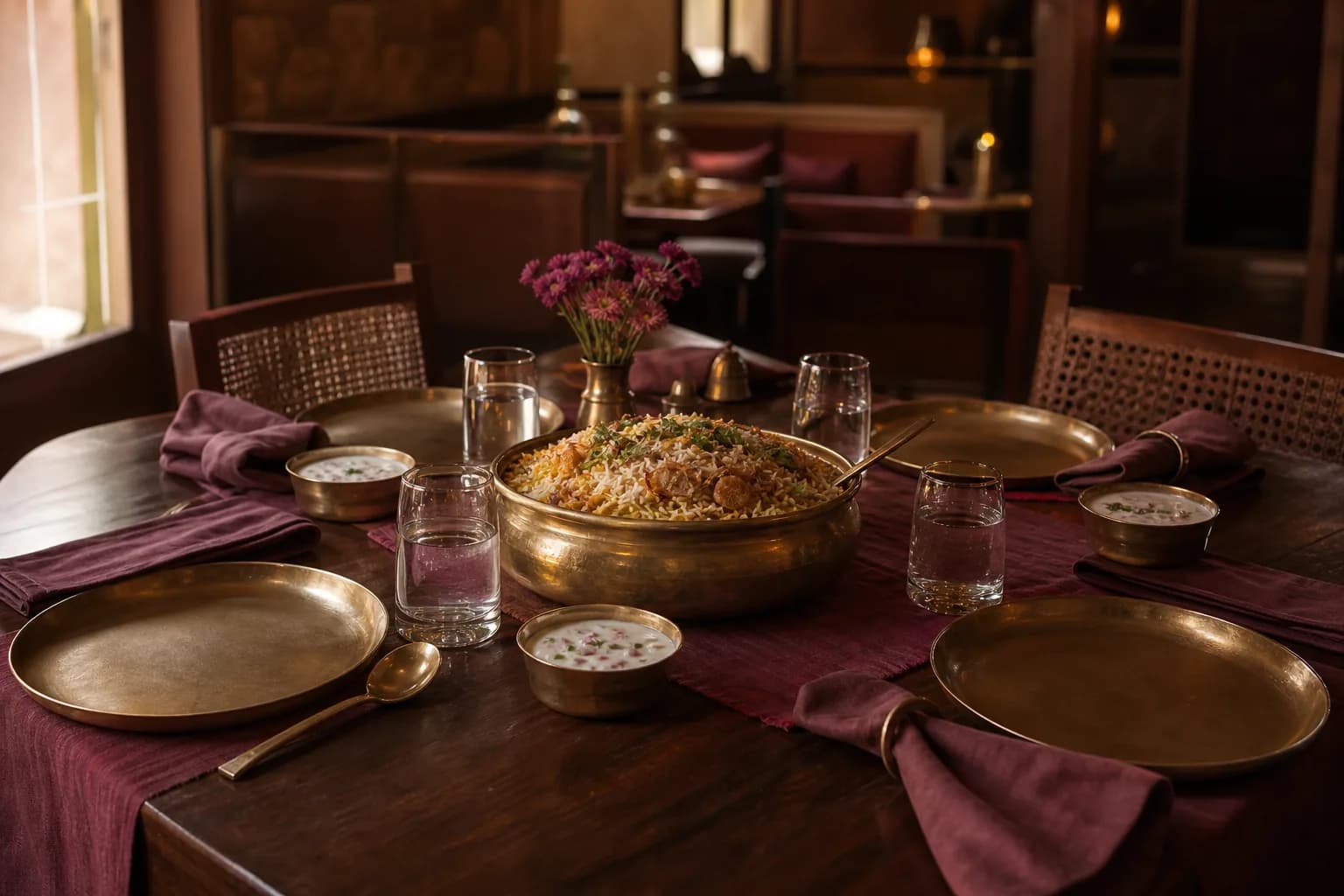 A warm dining table prepared for guests with biryani and accompaniments